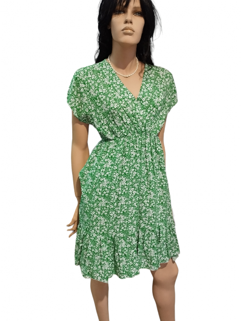 Φορέματα - Φόρεμα κοντό με μικρά λουλουδάκια και ντεκολτέ σε πράσινο χρώμα