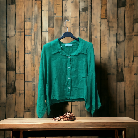 Πουκάμισα - Λινό γυναικείο πουκάμισο σε πράσινο χρώμα